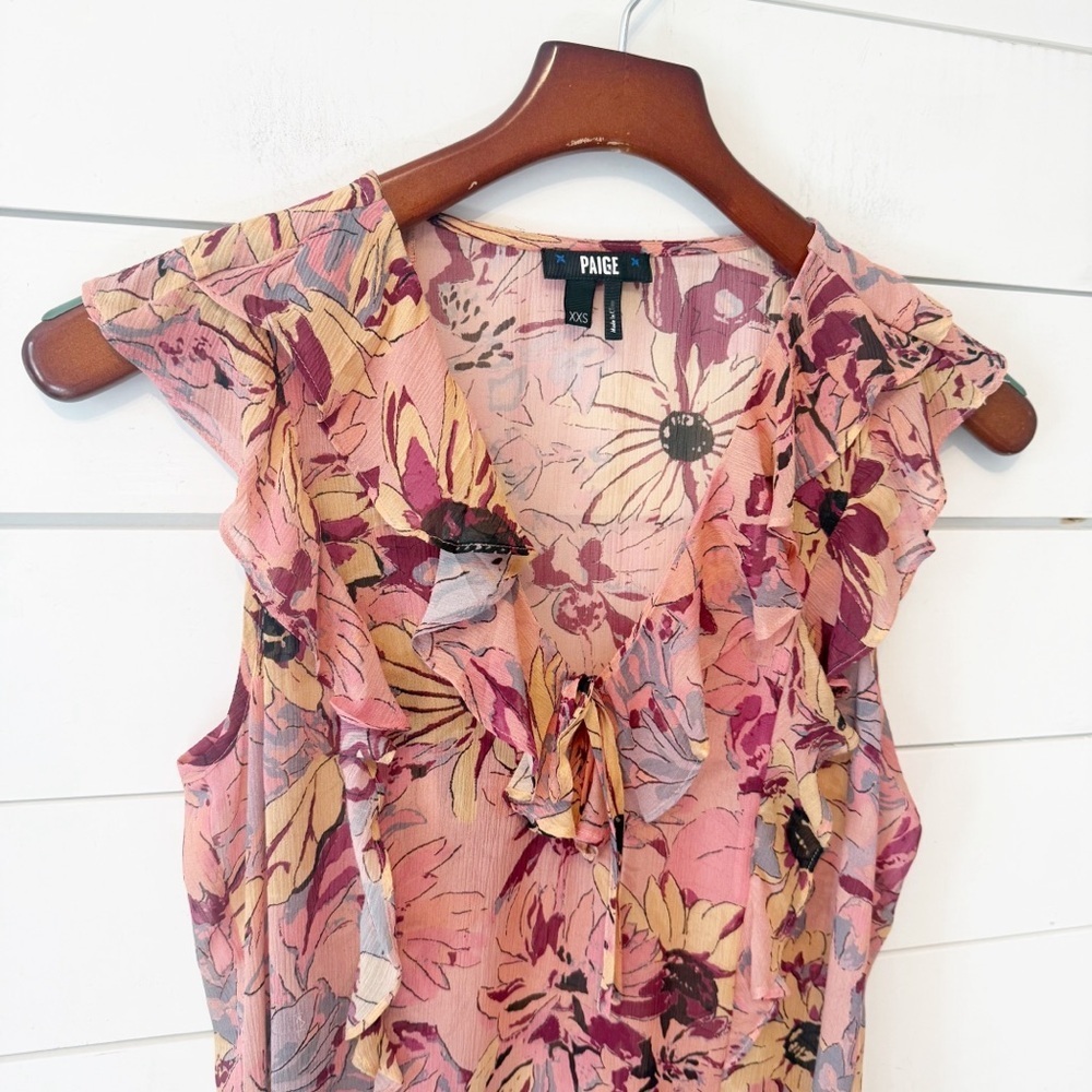 PAIGE | Cataleya Pink Multi 100% Silk sleeveless Ruffle blouse Size XXs - Picture 6 of 9